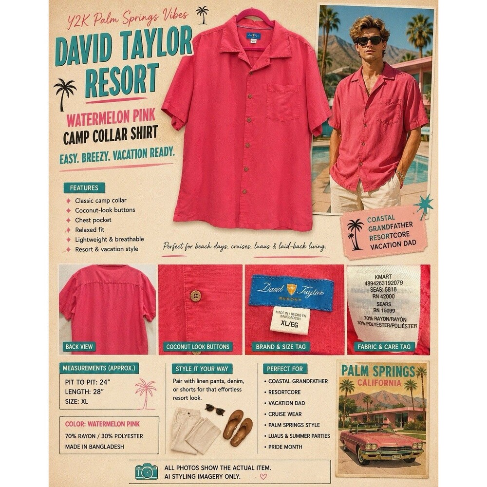 David Taylor Resort XL Watermelon Pink Camp Collar Rayon Shirt Dad Pride EUC Y2K